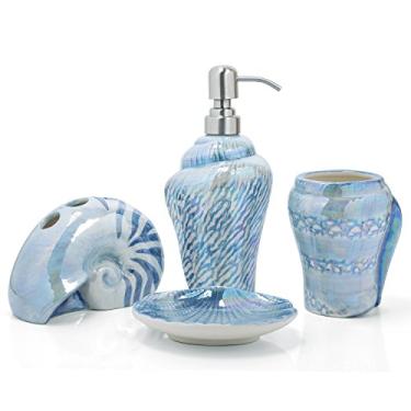 Imagem de Conjunto de acessórios para banheiro de cerâmica Forlong Sea Snail Conch 4, 1 Gargle Cups 1 suporte para escova de dentes 1 saboneteira 1 saboneteira, Azul