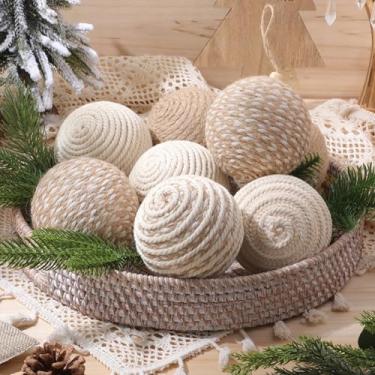 Imagem de RoundFunny 8 peças de enfeites de bola de Natal de 10 cm, boho, bolas de corda de juta para casa de fazenda, ornamentos rústicos neutros para guirlanda de árvore de Natal, guirlanda de casamento, casa