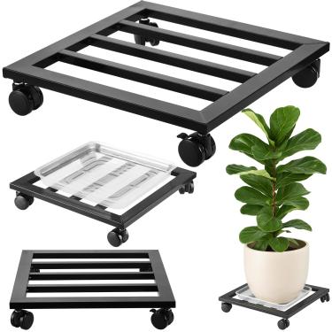 Imagem de 2 pacotes de 40,64 cm extra grande suporte de plantas de metal com rodas de poliuretano plantador quadrado Dolly Pot Mover Rolos de ferro com rodas suportes para plantas internas e externas, carrinho