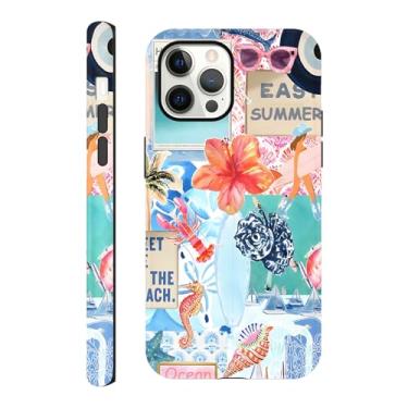 Imagem de Capa para iPhone 12 Pro Max 6,7 polegadas, praia verão mar concha colagem hibisco flor capa de telefone cavalo-marinho capa estética, capa protetora resistente a arranhões híbrida 2 camadas rígida