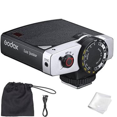 Imagem de Godox Lux Junior GN12 Flash de câmera retrô, modo flash automático/manual, potência do flash de 7 níveis, cobertura fixa de 28 mm, com pano de limpeza