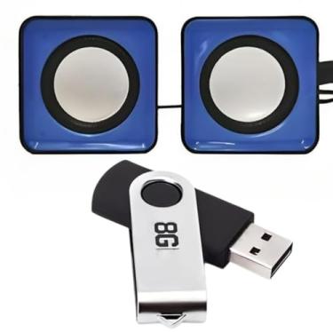Imagem de Kit Mini Caixa De Som Com Entrada P2 Para Computador Notebook Azul + Pen Drive 8gb Combo Pendrive