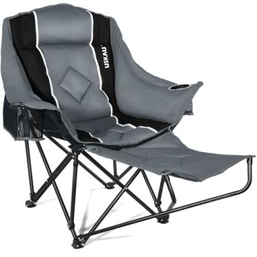 Imagem de USKAU Cadeira de acampamento com apoio para os pés removível, cadeira grande ao ar livre com encosto de cabeça e porta-copos, cadeira de gramado com capacidade de 181 kg para pesca esportiva no