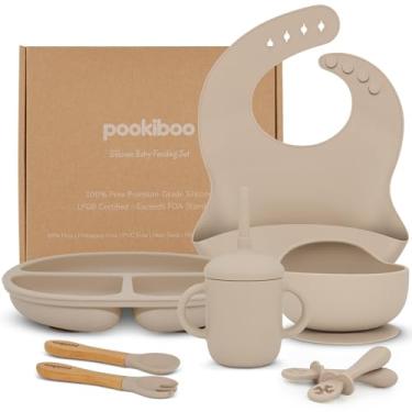 Imagem de Conjunto de alimentação de silicone para bebês - 100% puro LFGB de silicone premium - conjunto de alimentação de 8 peças: babador, copo de palha, placa de sucção e tigela, garfo e colher, colheres de