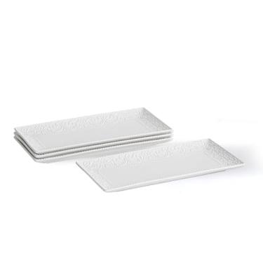 Imagem de MVYAVYUS Conjunto de pratos retangulares em relevo, pratos grandes de servir de 30 cm, bandeja empilhável para casamento, travessas de cerâmica branca para entretenimento, seguro para lava-louças e