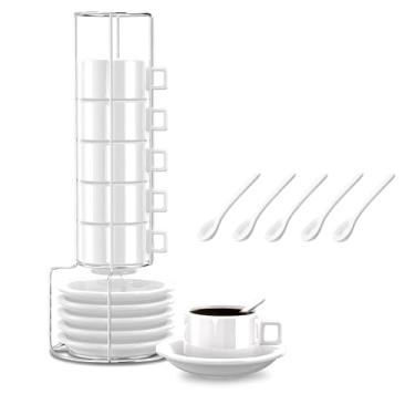 Imagem de Houseables Conjunto de xícaras de café expresso, empilháveis, Expresso, Demitasse, com pires, suporte, colheres, canecas de café, Juego De Tazas Para Café, porcelana, empilhável, 19 peças, conjunto de