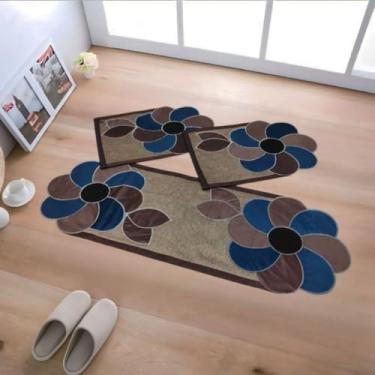 Imagem de Passadeira，Kit de Jogo de Tapete de Cozinha Antiderrapante, Tapete com Padrão Tecido com 3 Peças，Suave Ao Toque(#18 Marfim Flôr Marrom e Azul)