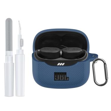 Imagem de POZCIS Capa para JBL Tune Buds 2, capa protetora de silicone macio, compatível apenas com JBL Tune Buds 2 com mosquetão e kit de limpeza conjunto de acessórios (azul escuro)