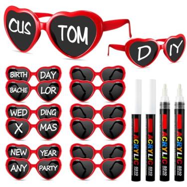 Imagem de Flutesan 12 peças de óculos de sol personalizados em forma de coração a granel com 4 canetas para lembrancinhas de festa de casamento DIY para adultos, Vermelho