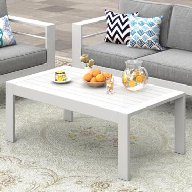 Imagem de Wisteria Lane Mesa de centro de alumínio para ambientes externos, mesa de centro de metal para todos os climas, mesa de centro retangular moderna para varanda, jardim, branca