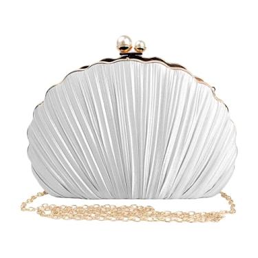 Imagem de Veridina Mini bolsa feminina plissada com concha para noite, bolsa de embreagem, bolsa de mão de pérola, com alça de corrente, Concha, prata, 27*7*17 cm