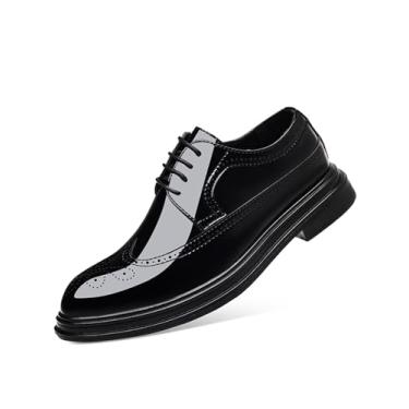 Imagem de Sapato social masculino vintage de alto brilho com ponta de asa, smoking, couro envernizado, Oxfords Brogue, formal, negócios, casamento, Preto, 39