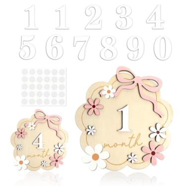 Imagem de Cartões de marco mensal do bebê, flor de madeira marco com 11 números intercambiáveis em sinais de meses de bebê para bebês gravidez crescimento foto adereço