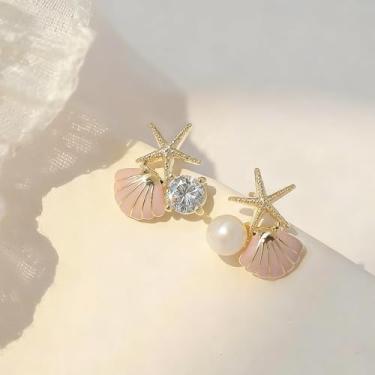 Imagem de Brincos femininos de estrela-do-mar com pérola e estrela-do-mar da moda, brincos de praia, verão, oceano, praia, joias, presentes, One Size, Metal, Sem pedra preciosa