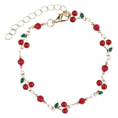 Imagem de Cranviech Pulseira de cereja presente para mulheres, pulseira ajustável de frutas, design de elos dourados com pingente para joias de verão e praia