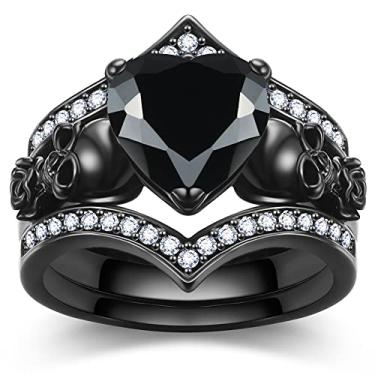 Imagem de GTISKL Conjunto de anel de noivado gótico rosa preta flor crânio vermelho roxo cristal zircão cristal aniversário de casamento dia das mães presente de feriado joia, Banhado a ouro, Cristais de zircônia
