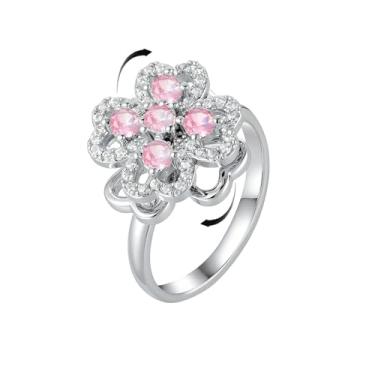 Imagem de Anel fidget feminino com trevo de quatro folhas de zircônia rosa - anel giratório delicado com flor de cristal coração declaração de amor anéis abertos ajustáveis alianças de noivado para alívio de