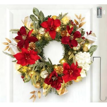 Imagem de NUPTIO Guirlanda de Natal para porta da frente: decoração de Natal de 50 cm operada por bateria 40 luzes LED de 8 modos com temporizador remoto - guirlandas de Natal com magnólia hortênsia pinha para