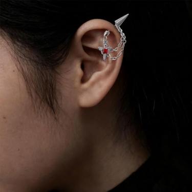 Imagem de Brincos de corrente de asa de zircão vermelho punk gótico, criativos, femininos, masculinos, hipoalergênicos, rebite, corrente e asa, 0.9*1.3cm, Metal, Zircônia cúbica