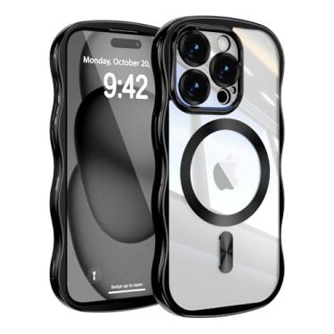 Imagem de UEEBAI Capa para iPhone 15 Pro, linda capa de celular magnética com moldura ondulada compatível com Magsafe, capa de celular galvanizada macia para mulheres e meninas - preta