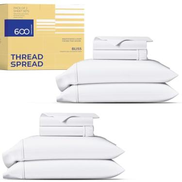 Imagem de THREAD SPREAD Conjunto de lençóis 100% algodão egípcio pacote com 2 lençóis King Size - 600 fios brancos luxuosos tamanho king, lençóis de cama de luxo macios e refrescantes, serve em colchões de até