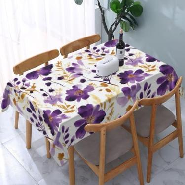 Imagem de Weiscode Toalha de mesa retangular floral roxa e dourada 137 x 183 cm, capa de mesa de poliéster resistente a manchas à prova d'água para sala de jantar, cozinha, festa, piquenique, casamento
