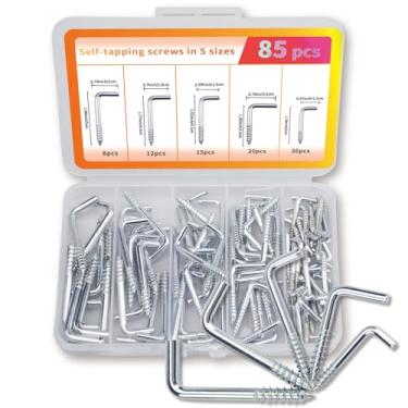 Imagem de BJUTYEU 5 tamanhos de parafusos espirais em forma de L; ganchos para casaco; ganchos para chaveiros de joias, conjunto de 85 peças, ganchos de parafusos autoroscantes pretos banhados a zinco