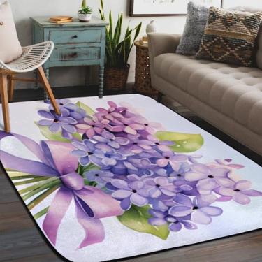 Imagem de Tapete de área para sala de estar, lavável à máquina, linda flor, roxo, antiderrapante, tapete macio para sala de estar, quarto, sala de jantar, berçário, cozinha, decoração de casa