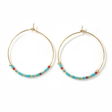 Imagem de EQUBIO Brincos de argola com contas de semente de código Morse, joia boho minimalista turquesa e vermelha dourada para mulheres