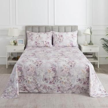 Imagem de Puralens Jogo de lençol King percal floral roxo vintage, 100% algodão com estampa de borboleta, lençol de cama de flor macio e estético, roupa de cama de luxo chique, 4 peças