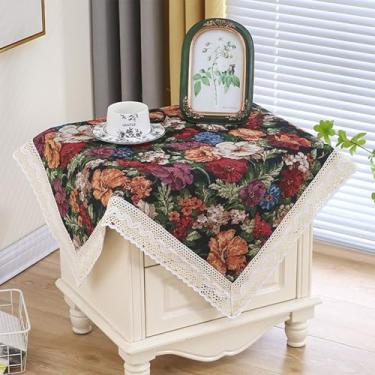 Imagem de Toalha de mesa de cabeceira quadrada pequena vintage floral capa de mesa superior rústica de casa de fazenda com borlas capa de mesa de canto de tecido para quarto, cômoda, festa, decoração de casa