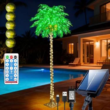 Imagem de Palmeira branca quente de LED com cocos, controle remoto - painel solar e palmeira plug-in para piscina, praia, quintal, decoração de festa
