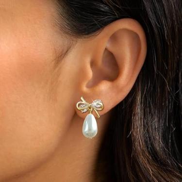 Imagem de Brincos de pérola com laço para mulheres, pingente de argola, joia de casamento, brincos de laço, presente de dia dos namorados, presentes de amizade