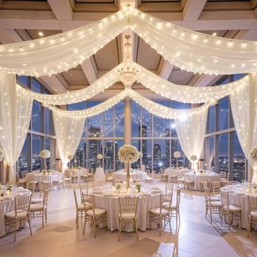 Imagem de FrohFest 6 painéis de cortinas de teto bege com luzes para casamentos – 1,5 m x 6 m, tecido de tule sem rugas, arco de casamento, drapeado, cortinas de teto, decorações para festa de casamento