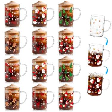 Imagem de Potchen Conjunto de 12 canecas de vidro de Natal de 473 ml, canecas de café de Natal que mudam de cor, xícaras de café fofas de Natal a granel com alça, presentes de vidro de Natal para mulheres