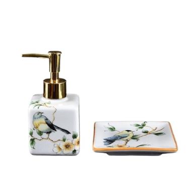 Imagem de Dispensador de sabão Conjunto criativo de banheiro em cerâmica com duas peças, incluindo dispensador de sabonete quadrado e saboneteira.(Branco)