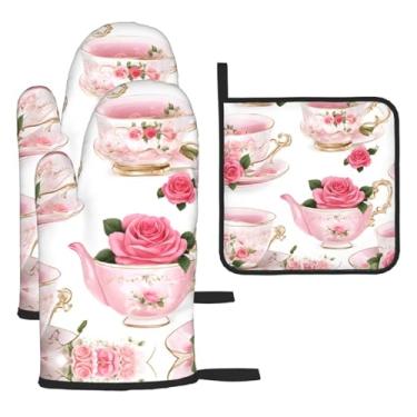 Imagem de Xícaras de chá com rosas românticas gastas – Conjunto de cozinha essencial de 3 peças, luvas seguras para calor e alça de tampa, proteção para churrasco no forno, design de armazenamento suspenso.