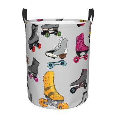 Imagem de Patins retrô coloridos - cesta de roupa redonda estampada - cesto de tecido de camada única com alças, Oxford resistente à água para organização de quarto e banheiro. Médio