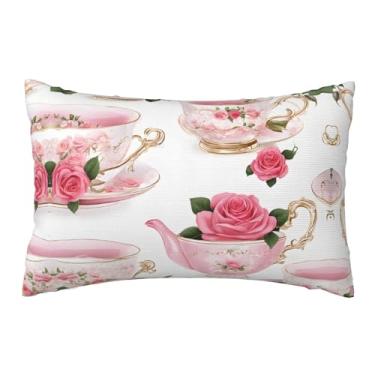 Imagem de Xícaras de chá com rosas românticas gastas - fronhas estampadas reversíveis - Design decorativo de dupla face, zíper oculto, poliéster macio para sofá, quarto e carro tamanho único