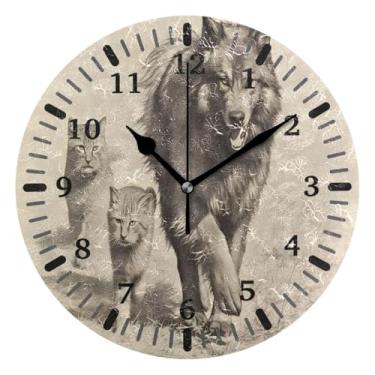 Imagem de CEBUGI Relógio de parede de gato lobo operado a bateria relógios redondos silenciosos sem tique-taque relógios de parede para cozinha, banheiro, quarto, escritório, decoração 25,4 cm