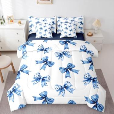 Imagem de Erosebridal Jogo de cama solteiro com laço azul com laço e gravata borboleta para meninos e meninas, 7 peças, conjunto de cama com nó de borboleta