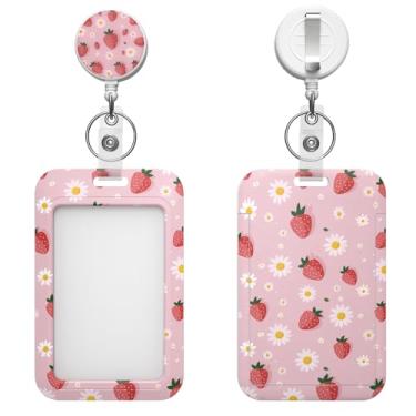 Imagem de Porta-crachá retrátil com clipe de mosquetão e chaveiro, várias opções de padrões, bonito e moderno (margarida morango)