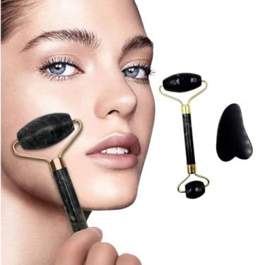 Imagem de Kit Massageador Facial em Pedra de Jade com Rolo Preto e Dourado e Massageador para Olhos Ideal e com Gua Sha para Reduzir Tensão Inchaço e Melhorar a Circulação Material Natural Durável Toque Suave Premium