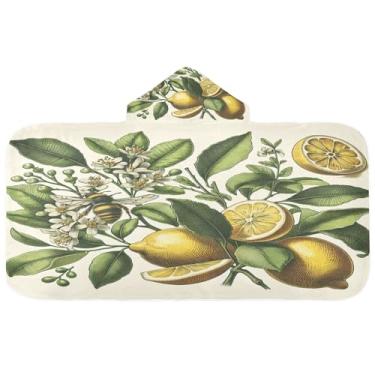 Imagem de Burbuja Toalha de banho com capuz com folhas de limão para crianças, toalha de praia de pelúcia macia absorvente para chá de meninas e meninos 3-10 anos, 61 x 127 cm