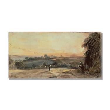 Imagem de NHLDZYH Arte em tela de paisagem estilo Constable, (pôr do sol outonal), pintura romântica do campo inglês, decoração de parede texturizada com pincelada pesada. Somente tela de 75 x 150 cm - 29,5 x