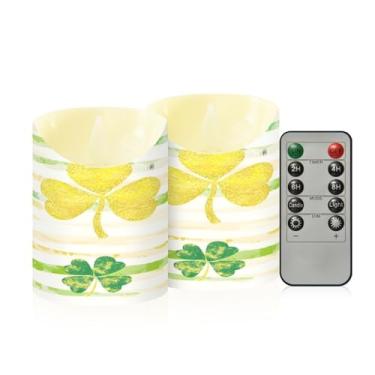 Imagem de Wassud Pacote com 2 velas sem chama trevo do dia de São Patrício com controle remoto, velas realistas cintilantes com temporizador, velas decorativas para Natal, casamento, festa, decoração de casa