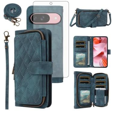 Imagem de Capa de celular para Google Pixel 9/9 Pro 5G carteira celular com protetor de tela de vidro temperado alça transversal alça flip suporte zíper bolsa porta-cartão slot celular Pixel9 9Pro nove mulheres