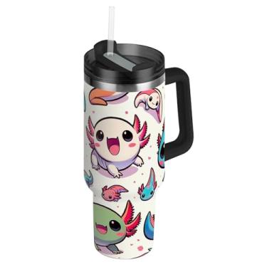 Imagem de Joisal Copo com alça 1,134 g Copos de aço inoxidável com tampas e canudos impressão garrafas de água isoladas carros xícara de café bebida quente bonito desenho de axolote