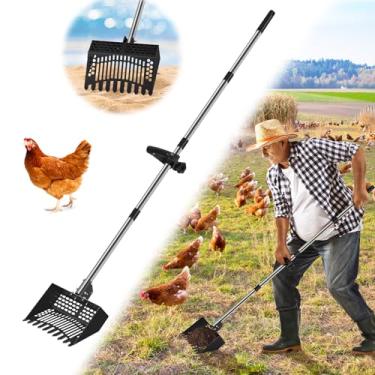 Imagem de Colher e ancinho para cocô de galinha, 5 cm - Pá de peneiramento de areia com alça ajustável de aço inoxidável de 71 a 139 cm para acessórios/suprimentos para galinheiros, fazenda, caneta de ovelha