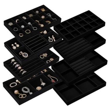 Imagem de SIBAO Pacote com 8 bandejas de joias de veludo para gavetas, organizador empilhável de joias, bandeja de exibição de caixas de veludo de 21 x 12,7 cm para colar, pulseira, brincos, anéis, preto